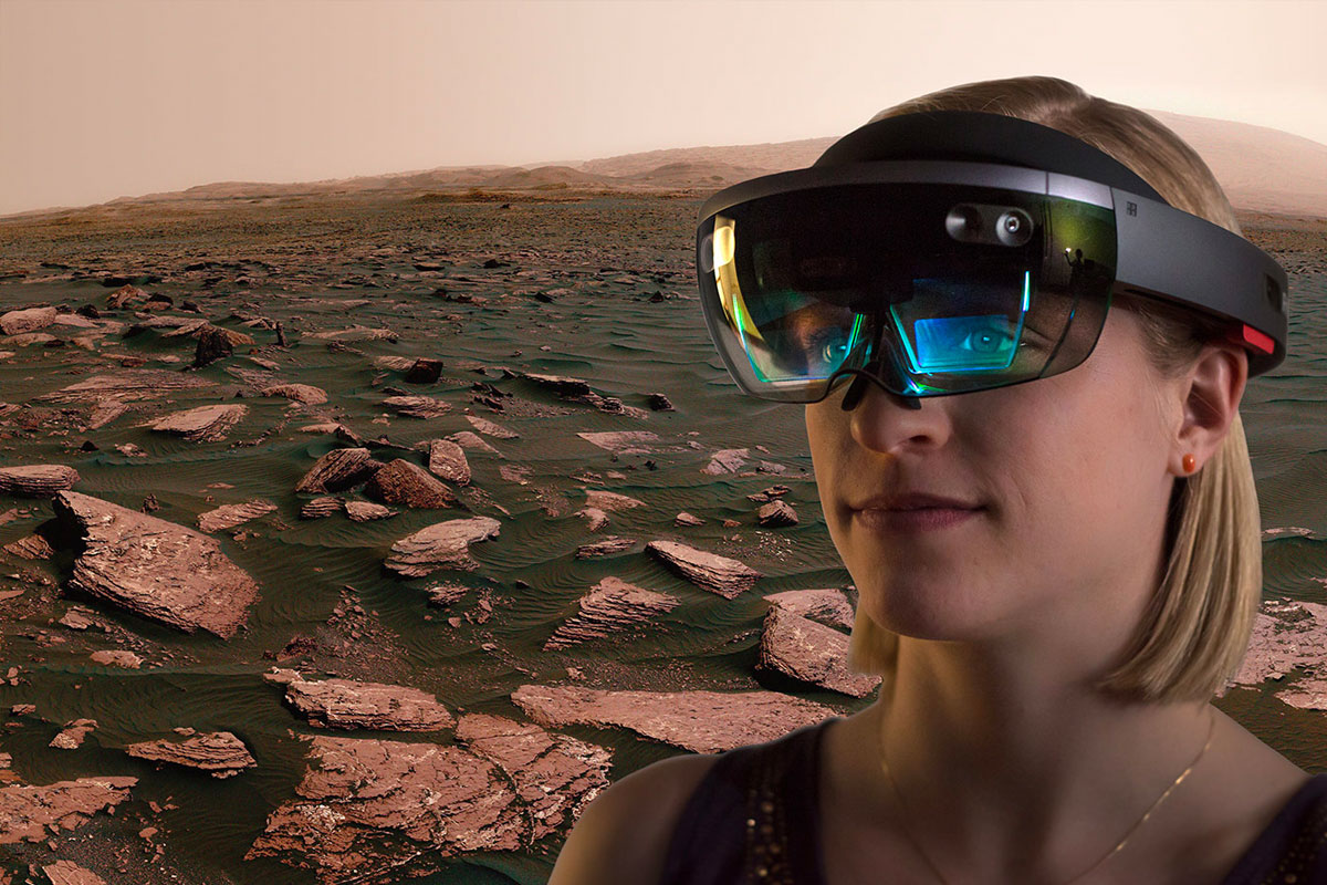 Student wearing VR glasses superimposed over a Martian Landscape