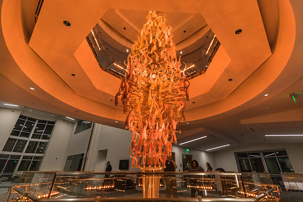 The torch sculpture in the Student Union was lit January 8 during a special event for the campus community.