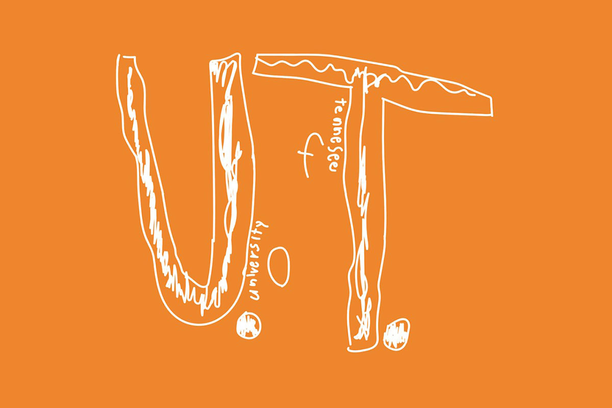 White, hand-drawn letters UT on an orange background
