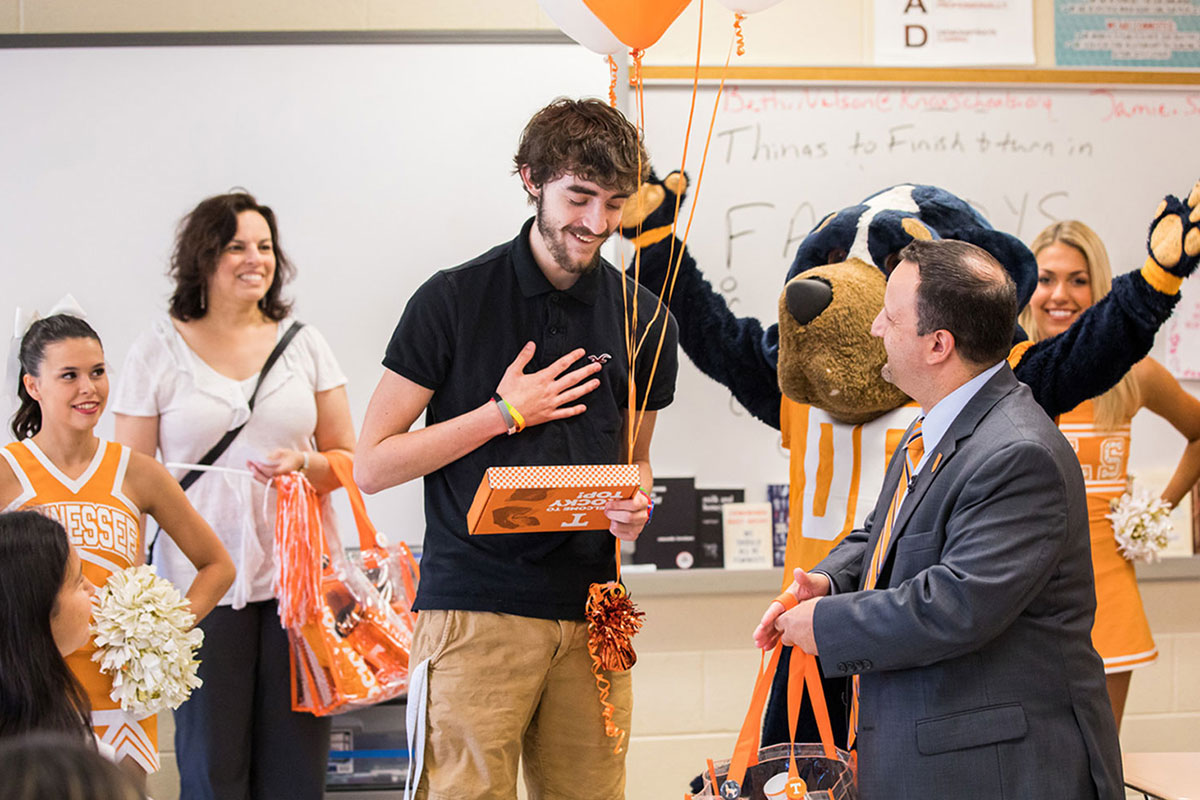 Student receiving acceptance to UT