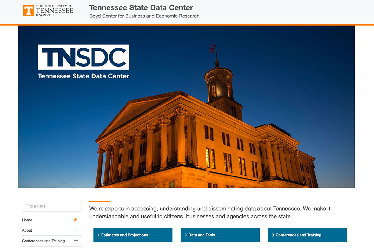 Screenshot of the TN State Data Center home page